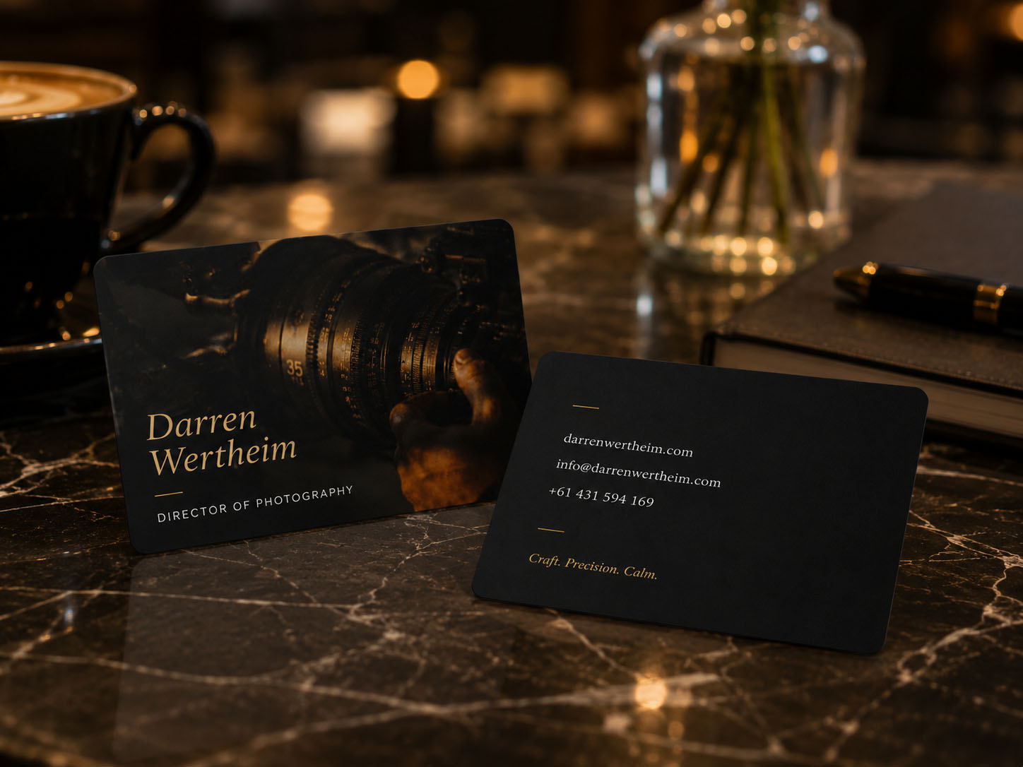 Darren Wertheim business cards, dark marble, gold foil type